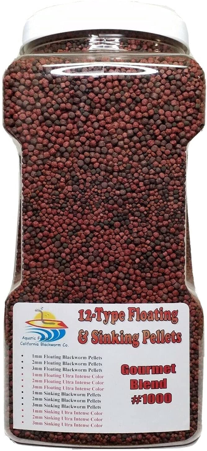 4-lbs 8oz 12-Types of Floating/Sinking Blackworm & Intense Coloring Pellets of Mixed of 1mm, 2mm, 3mm Ideal for ALL Tropical Fish. Aquatic Foods Premium Tropical Fish Pellet Foods. GB-1000 4.5-lb-Jar