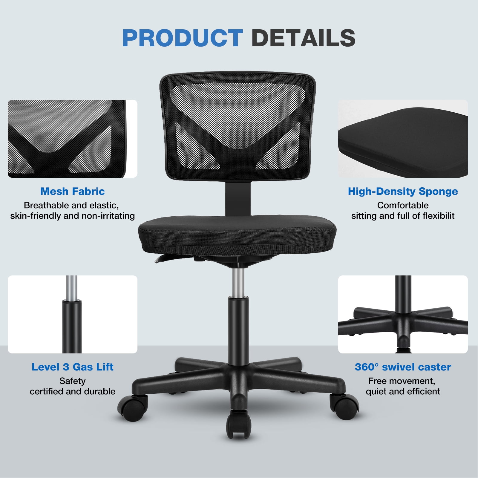 JOINSUN Armless Home Office Desk Chair for Small Space, Adjustable Height, Swivel Rolling Mesh Computer Chair, Black
