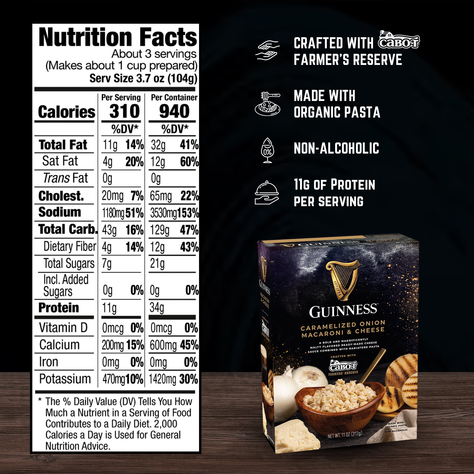(6 pack) Guinness Caramelized Onion Macaroni & Cheese with Organic Pasta, 11 oz Box, Shelf-Stable