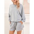 thumbnail image 5 of Women's Summer Loungewear Set, Solid Color Long Sleeve Round Neck Tops + Drawstring Shorts 2 Pieces Loose Sleepwear, 5 of 8
