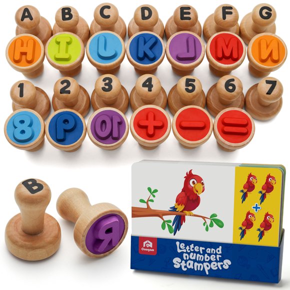 Coogam Wooden Alphabet Number Learning Stamp Flashcard, ABC Spelling Letter Stampers and Mathematics Number Arts and Crafts Supplies, Montessori Educational Toy for 3 Year Old