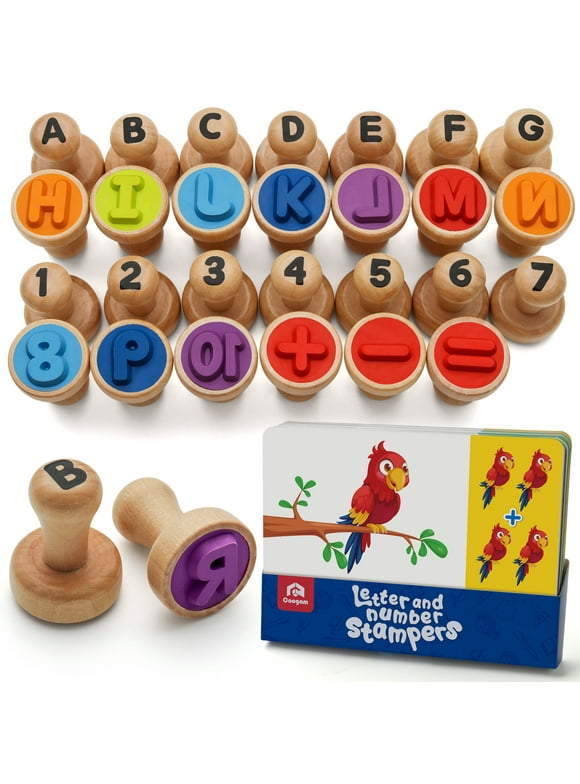 Coogam Wooden Alphabet Number Learning Stamp Flashcard, ABC Spelling Letter Stampers and Mathematics Number Arts and Crafts Supplies, Montessori Educational Toy for 3 Year Old