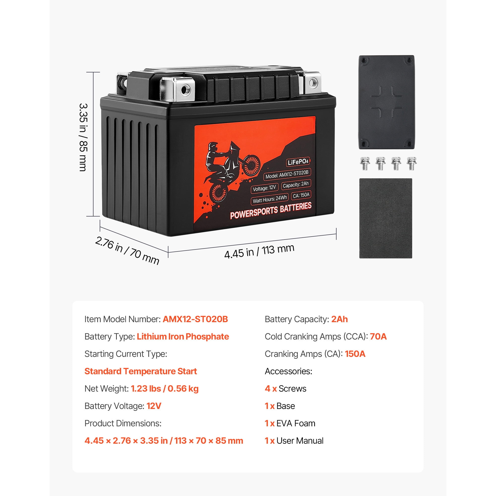 KFFKFF 12V 2Ah LiFePO4 Lithium Powersports Battery, Pre-Charged and Maintenance-Free, Suitable for Motorcycles, ATVs, Jet Skis, Scooters, UTVs, and Other Vehicles