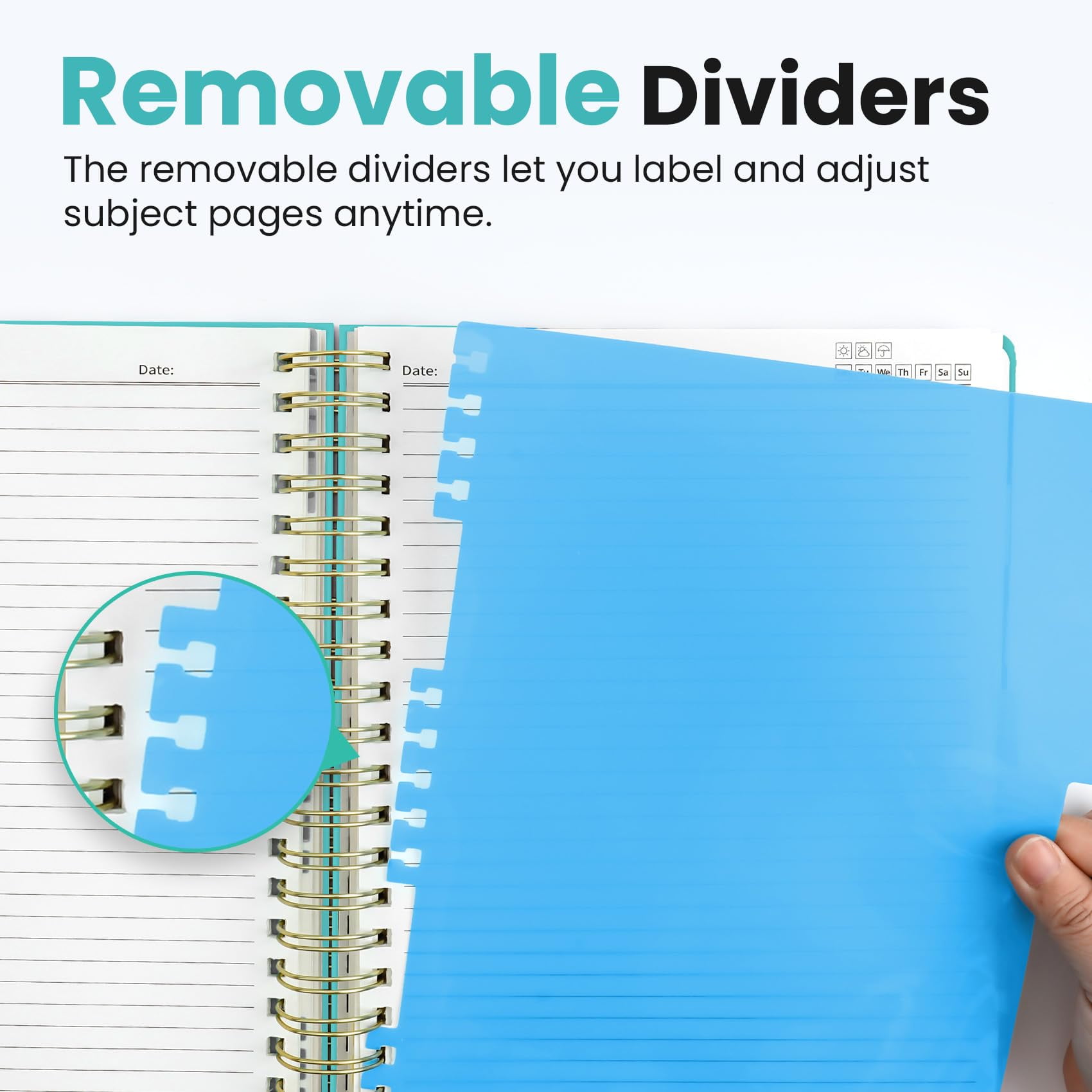 Hardcover Spiral Journal Notebooks For Work With Removable Dividers & Tabs  8.5"x11" 5 Subject Notebook Note Taking Organizer A4 College Ruled Lined Women Writing Aquamarine 280 Pages