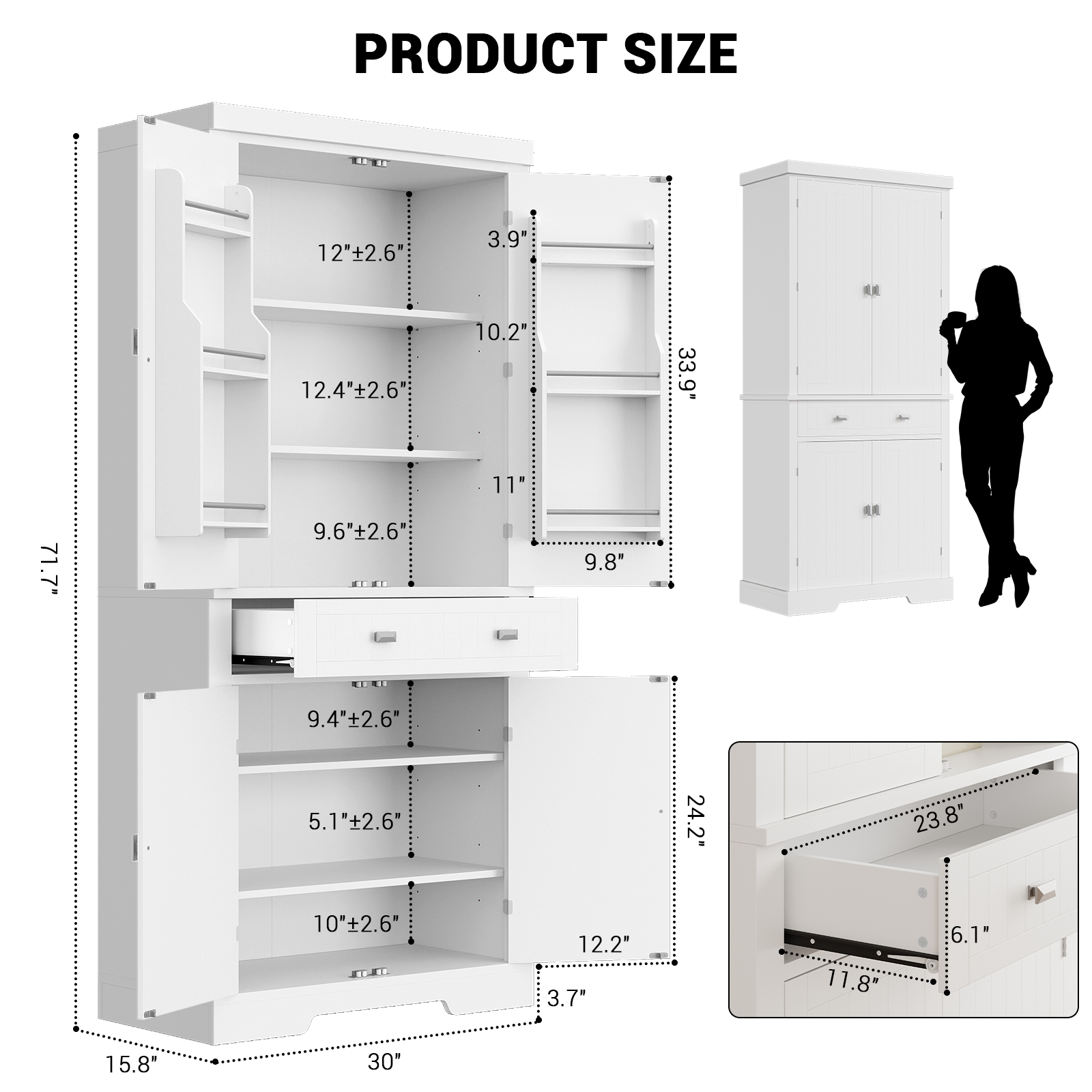 72 in Kitchen Pantry Storage Cabinet, Freestanding Food Pantry Cabinet with Drawer, Modern Wood Cupboard with 6 Door Shelves and 4 Adjustable Shelves for Ding Room, White