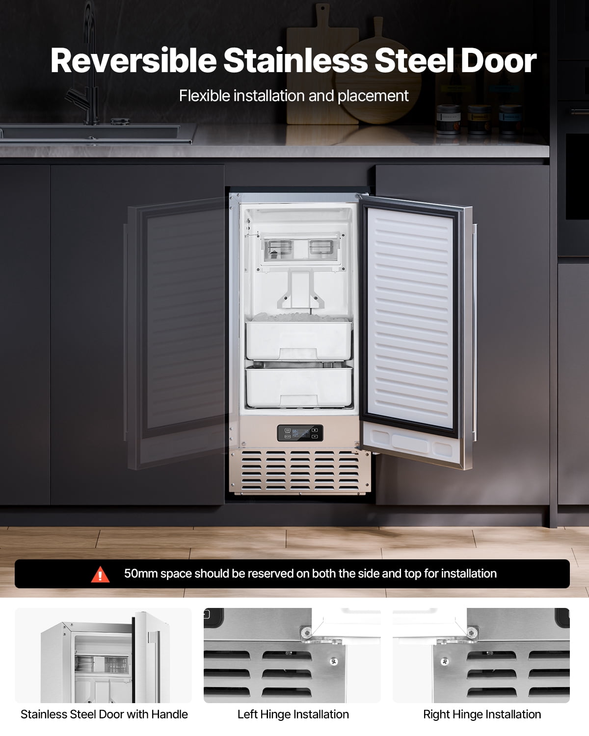 KFFKFF Inbuilt Ice Generator, Daily Production of 66 Lbs, Under Counter Pellet Ice Machine with Reversible Stainless Steel Door, Standalone Ice Producer for Residential Commercial Kitchen