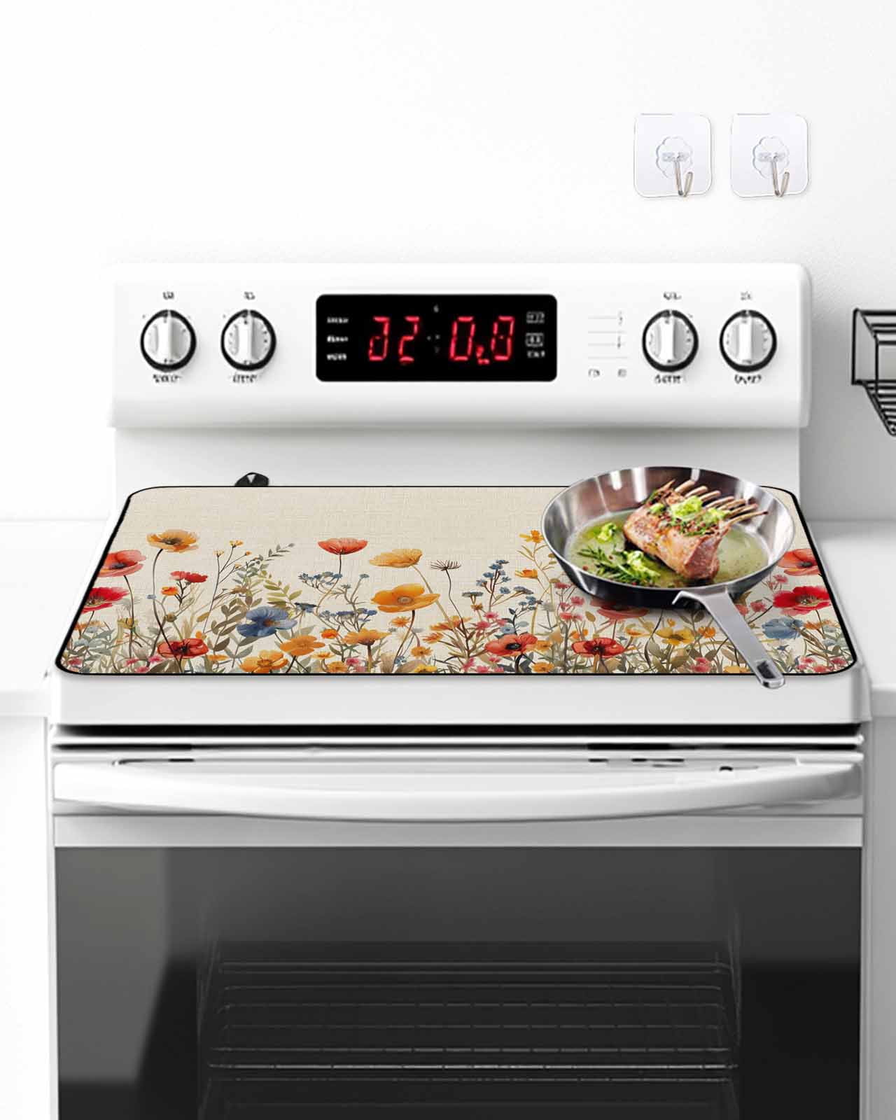Stove Top Covers for Electric Stove,Yellow Red Blue Spring Floral Glass Stovetop Cover Protector,Watercolor Botanical Summer Flowers Cooktop Protector Oven Mat for Kitchen Countertop 28.5"x20.5"