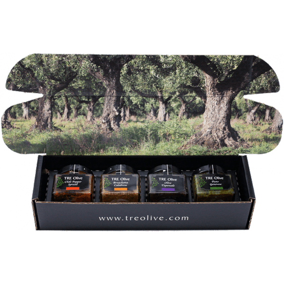 TRE Olive Aperitivo Gift Box, with Four Tasty Spreads Great Gift for Host or Hostess