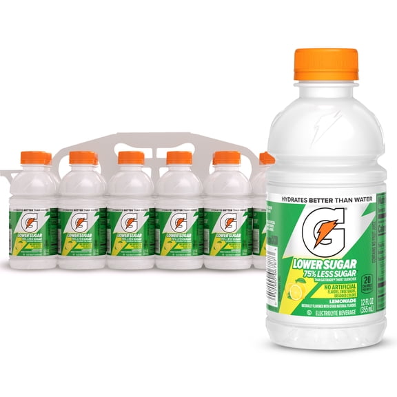 Gatorade Lower Sugar, No Artificials Lemonade Flavored Electrolyte Sports Drink, 12 fl oz Bottle, (12 pack), 75% Less Sugar, Hydration