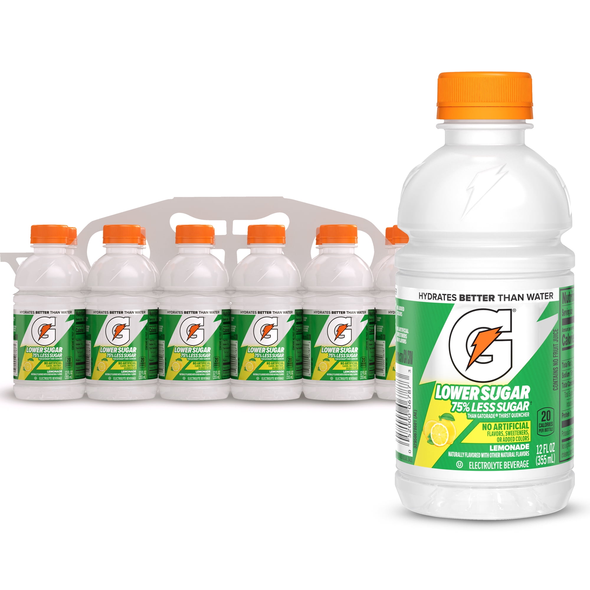 Gatorade Lower Sugar, No Artificials Lemonade Flavored Electrolyte Sports Drink, 12 fl oz Bottle, (12 pack), 75% Less Sugar, Hydration
