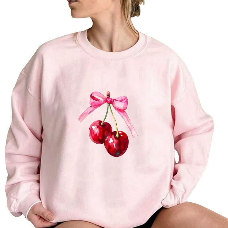 Women's Cherry Bow Sweatshirt Crewneck Long Sleeve Cute