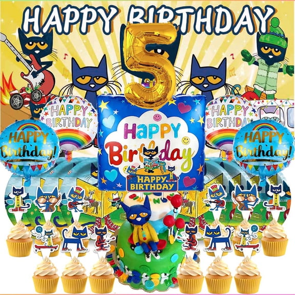 Pete the Cat 5th Tableware Balloons Cake Toppers Backdrop Banner Supplies Party Decor Plates Decorations