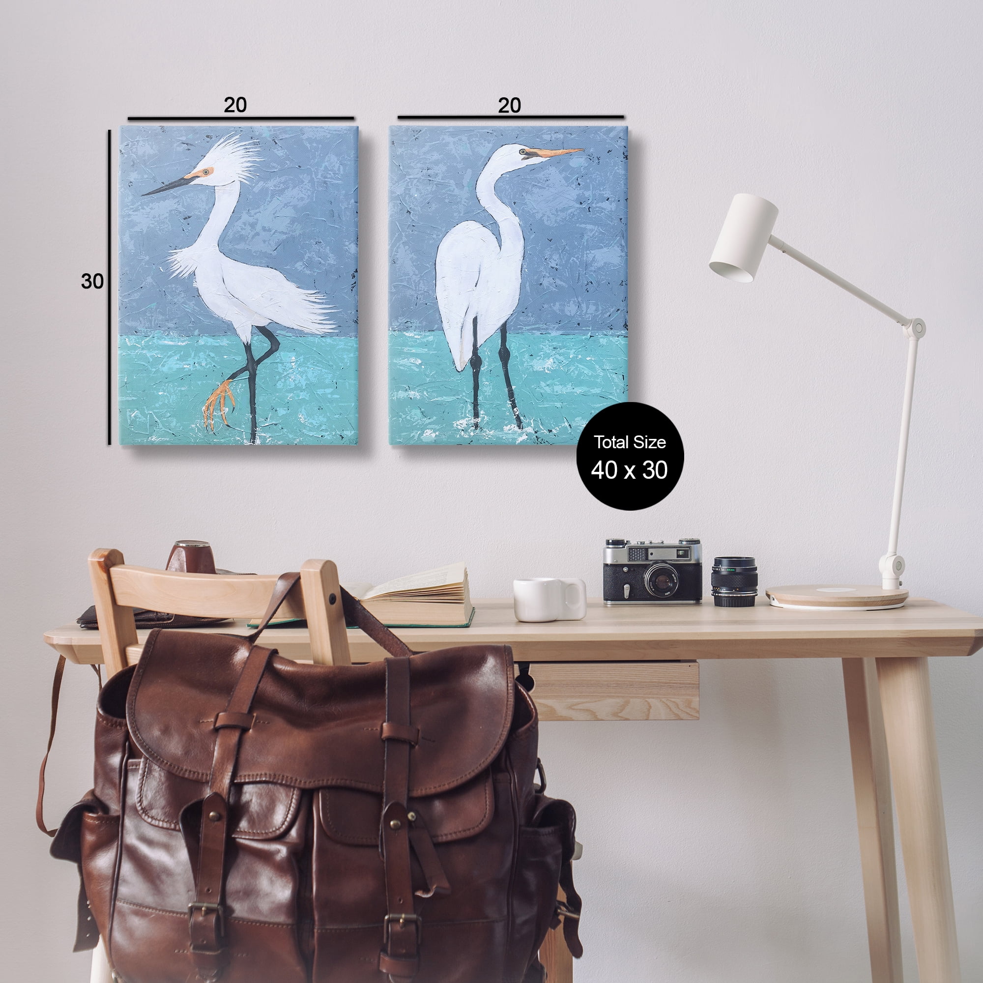 Stupell Industries Snowy Egret Pond Animals Painting Wrapped Canvas Art Print Wall Art, 20 x 30, Set of 2