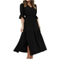 thumbnail image 2 of Fankiway Robe Longue Fendue à Manches Mi-Longues Col en V Ample Unie Robes pour Femmes Grande Taille Liquidation Robes d'Été pour Femmes Manches Courtes, 2 of 7