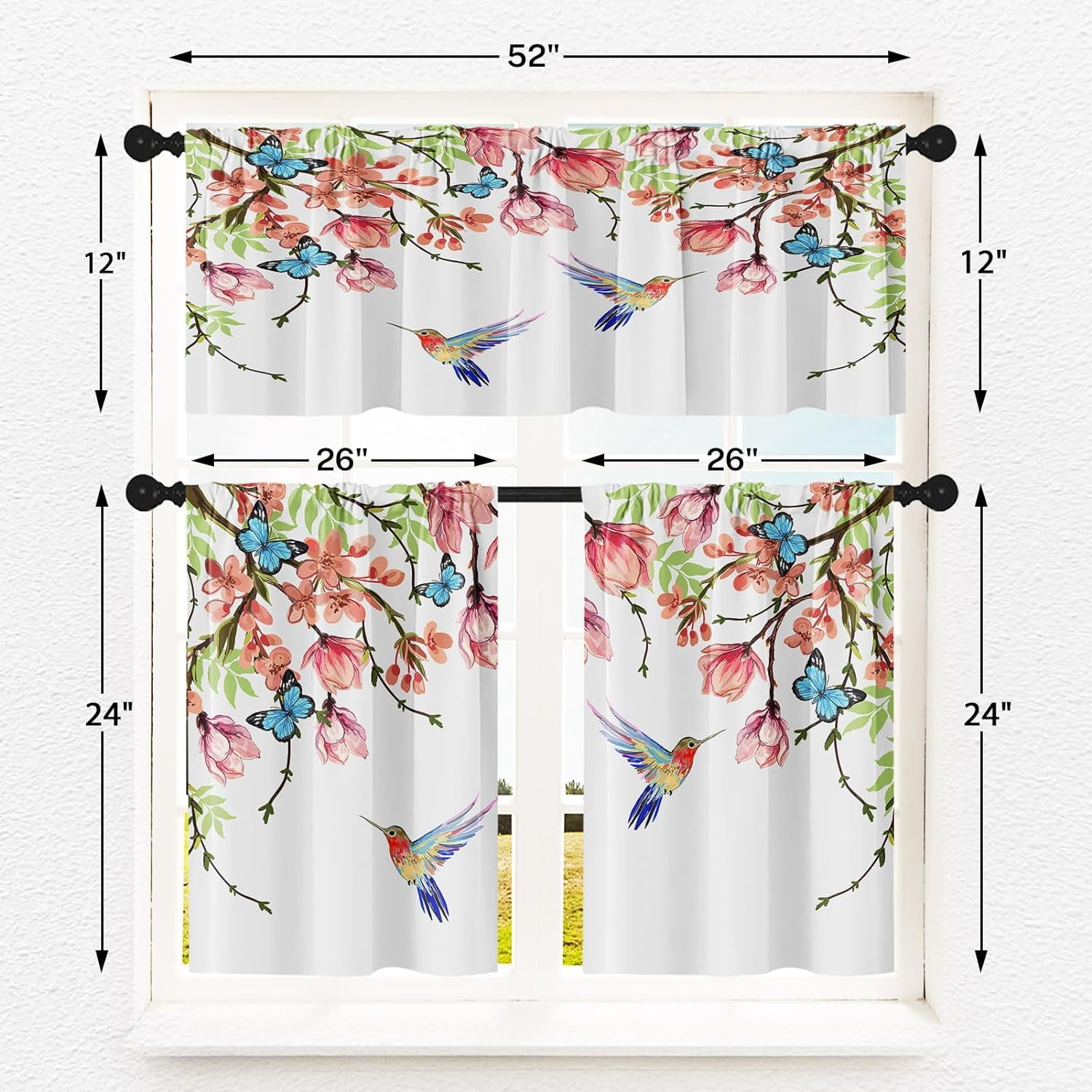 Flower Bird Kitchen Curtains Spring Butterfly Window Curtains Valance and Tier Set of 3, Watercolor Pink Botanical Short Tier Curtain, Floral Small Cafe Curtains for Kitchen Decor 52" x 24"
