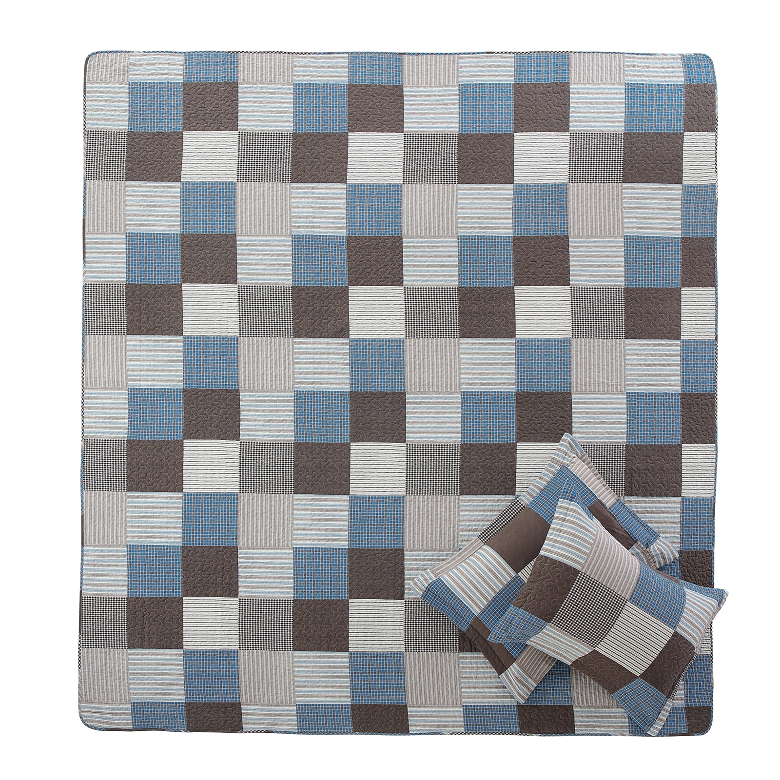 PANGUSHAN 100% Cotton King Quilt Set, Farmhouse Patchwork King Size Quilt Bedding Set Bedspreads, Reversible Quilted Lightweight Comforter, Blue/Brown Bed Spread for King Bed, 3 Pieces