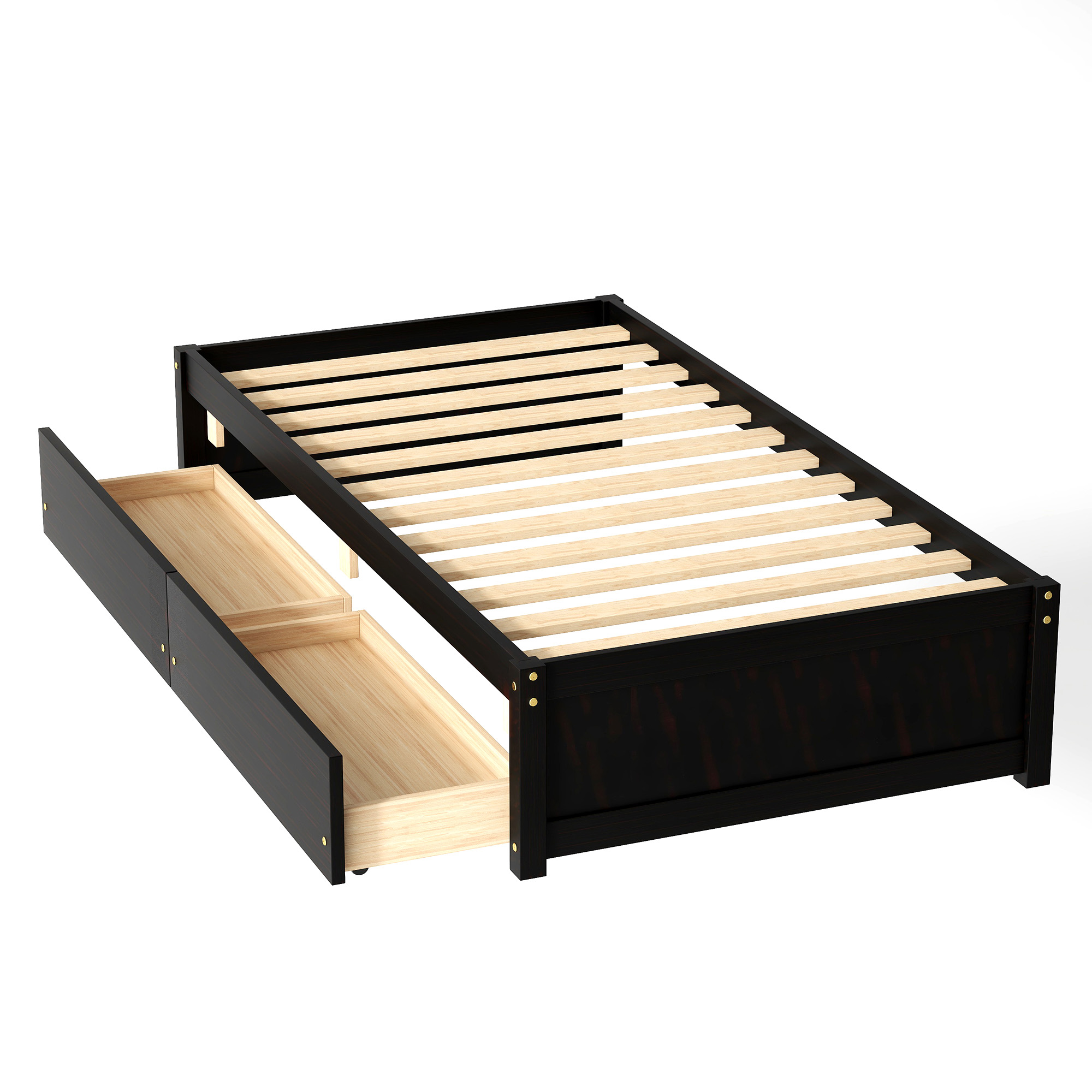 DEALTOPS Twin Bed with 2 Drawers Solid Wood Bed Frame with Storage for Kids Teen Adults, Espresso