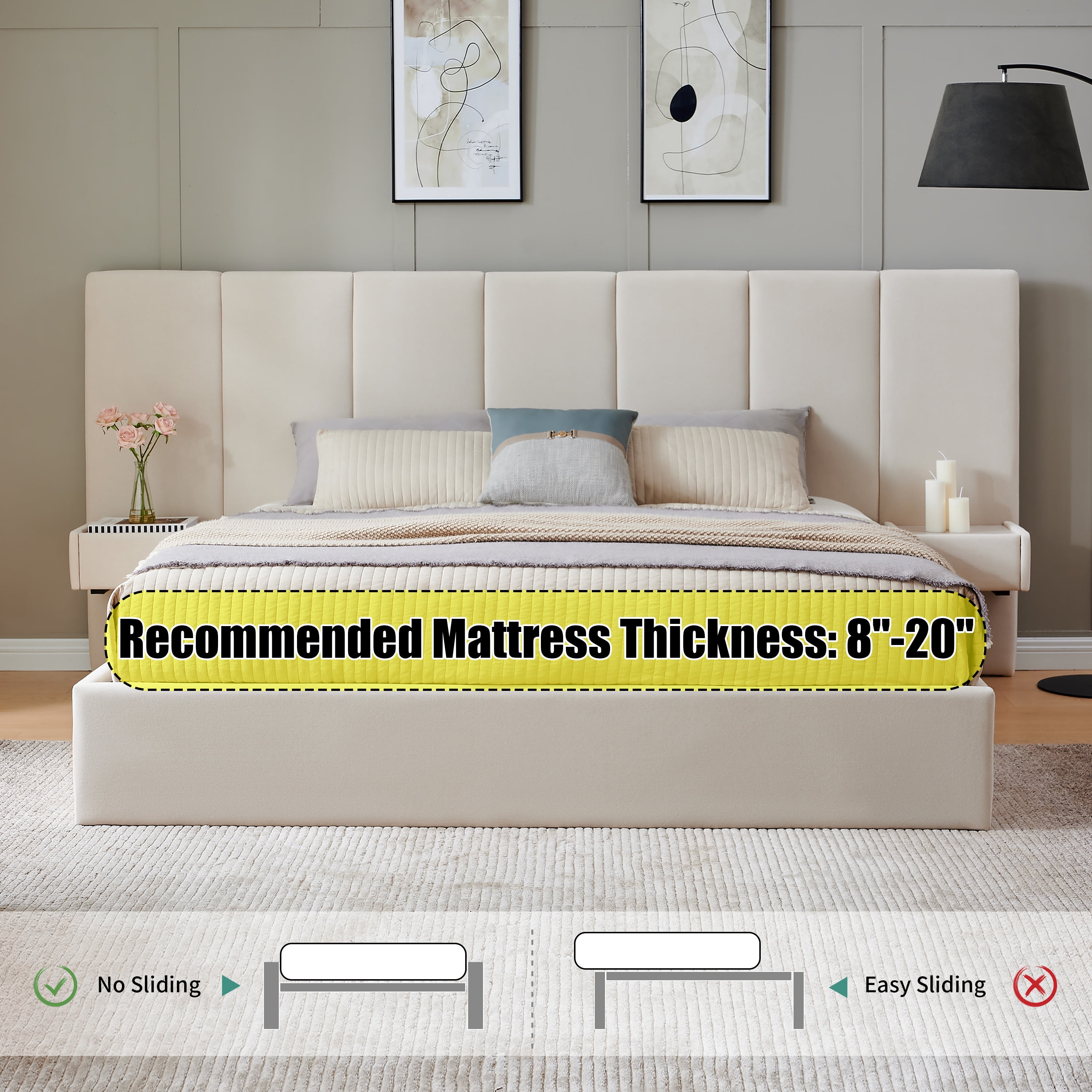 Upholstered Lift Storage Bed Frame with Velvet Headboard, 2 Drawers & 9.6" Under-Bed Storage, King Sizes in Beige, No Box Spring Needed, Ergonomic Design for Ultimate Comfort