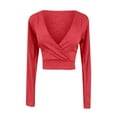 thumbnail image 2 of WREESH Women's Fashion Solid Color Long Sleeve V-Neck T-Shirt Casual Women's Tummy Control Cross Fit Crop Top Red, 2 of 5