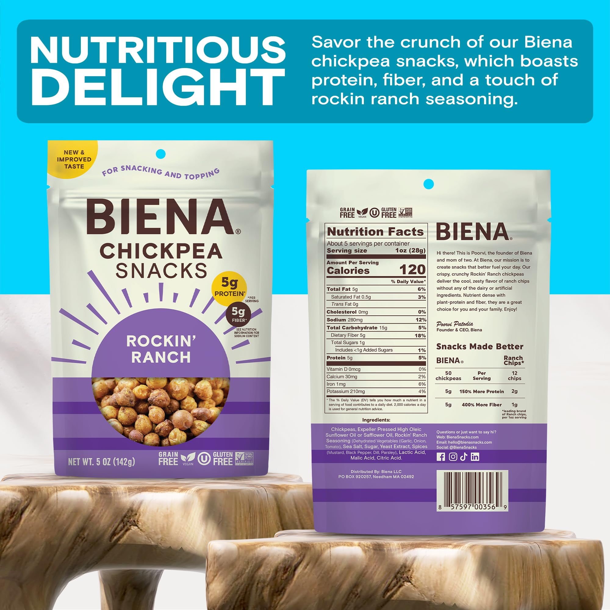 BIENA Chickpea Snacks - BCF26 Crunchy Roasted Chickpeas - High Fiber Vegan Protein Snacks for Adults and Kids - 4-Pack, 5 Ounce Bags - Rockin’ Ranch