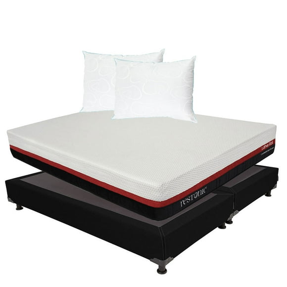 Colchón en caja Restonic Lather King Size + Box base cama + 2 Almohadas