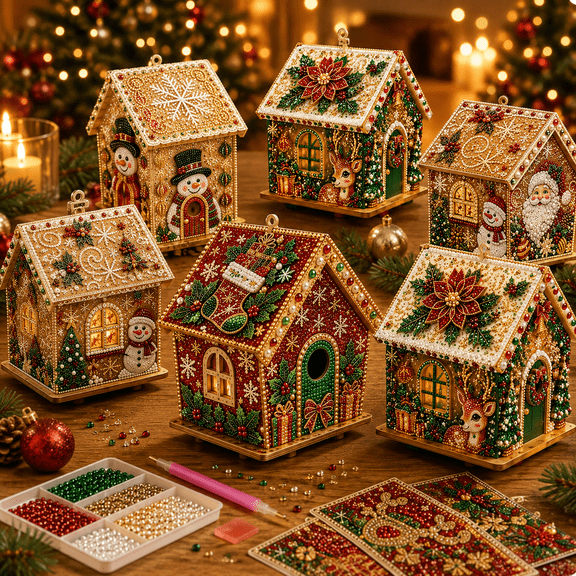 3D Christmas House Diamond Painting Kits for Adults, Light Up Pearl Art DIY Craft Set with Wooden Holiday House Ornament, Sparkling Gem Decoration for Christmas Home Decor