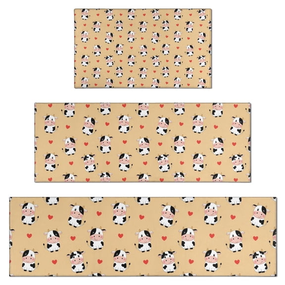 Beige Cow Heart Pattern Kitchen Rugs Sets Of 3,Kitchen Runner Rugs Non Skid Washable,Decorative Kitchen Floor Mats for Kitchen,Sink,Laundry,17"x30" 17"x47" 17"x59"
