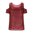 thumbnail image 5 of Yeaiivve Women Sequin Tops Trendy Cold Shoulder Short Sleeves Sparkly Tshirts Crewneck Loose Comfy Glitter T-Shirt Dressy Party Clubwear Wine,L, 5 of 7
