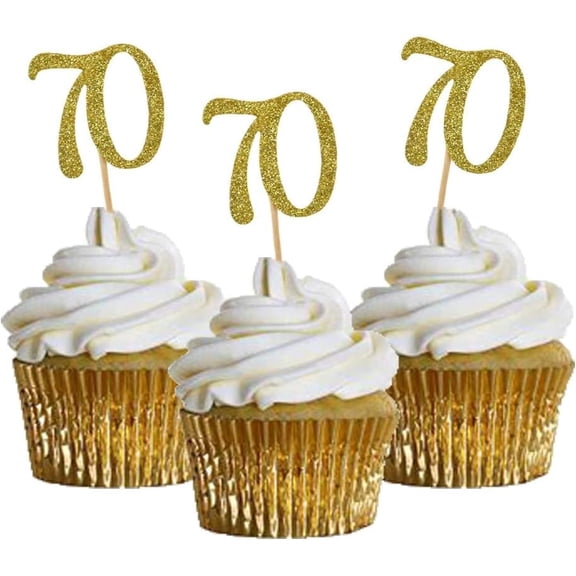 Gold Glitter Number 70 Cupcake Toppers, 12PCS 70th Birthday Milestone Cupcake Picks for 70 Years Old Anniversary Party Cake Decorations