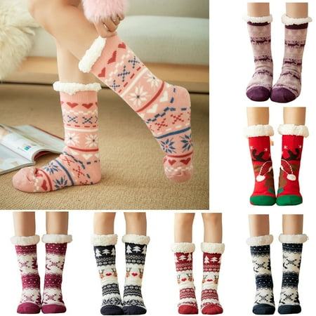 

LINASHI 1 Pair Women s Winter Warm Christmas Reindeer Pattern Slipper Socks with Grippers Non Slip Super Soft Thick Christmas Sock