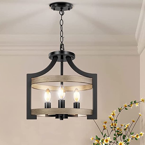 3Light Farmhouse Chandelier, Adjustable Black Hanging Pendant Light