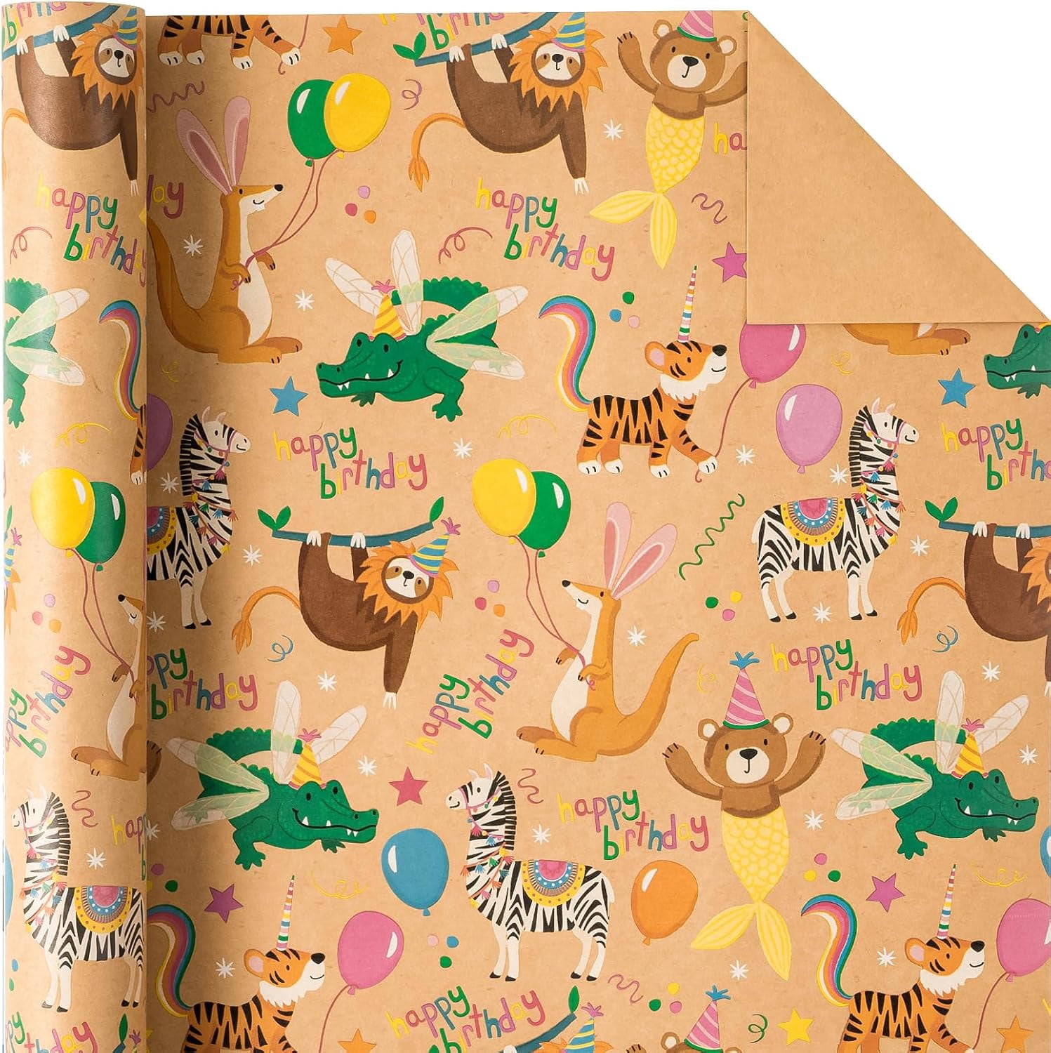 Kraft Animal Birthday Wrapping Paper Roll - Mini Roll - 17 Inch x 16.5 Feet - Animal Happy Birthday Wrapping Paper Perfect for Kids, Baby Shower