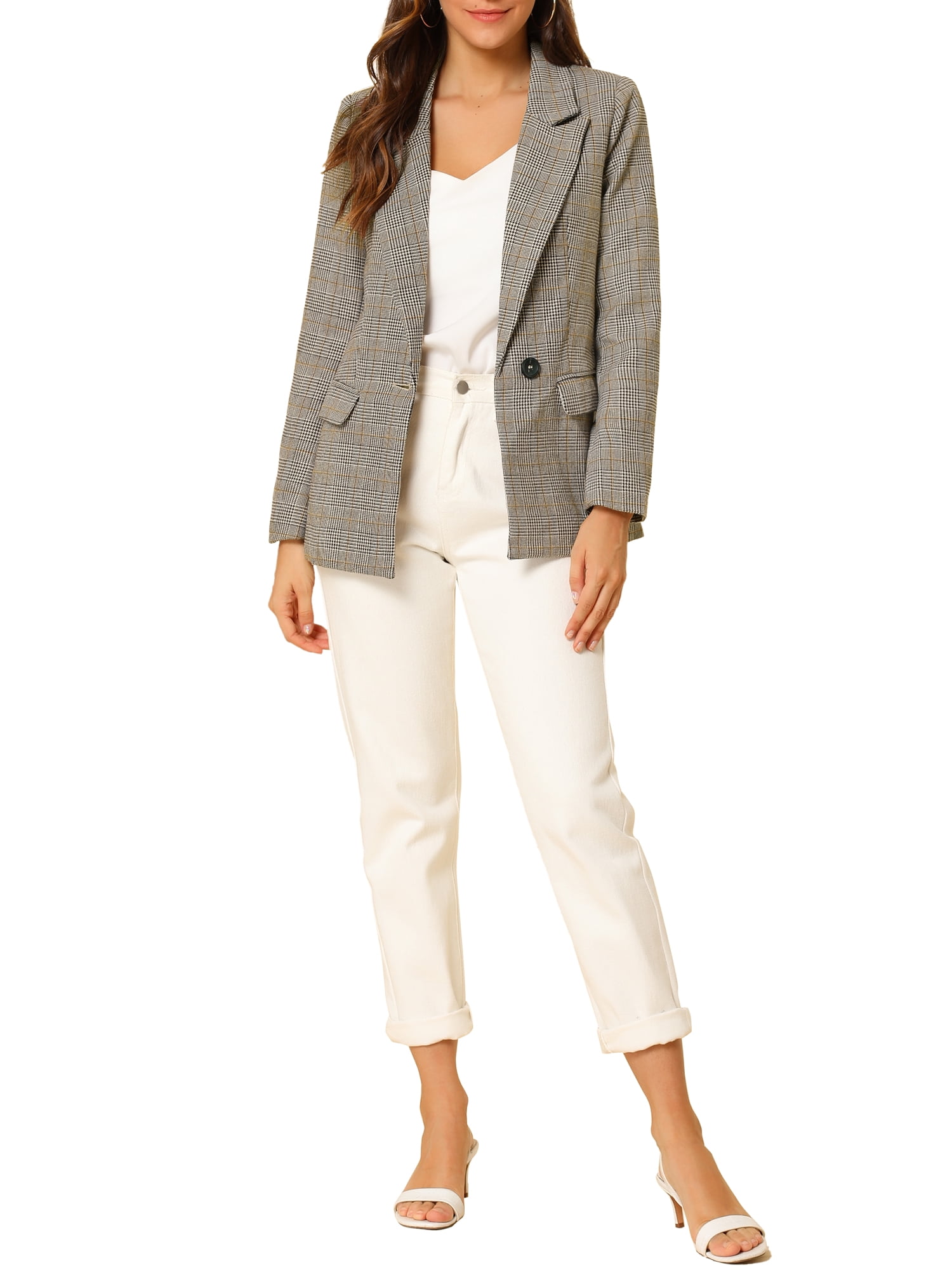 DARING DIVA Women's Boyfriend Notched Lapel One Button Blazer Suit Plaid Blazer Jacket S Light Coffee