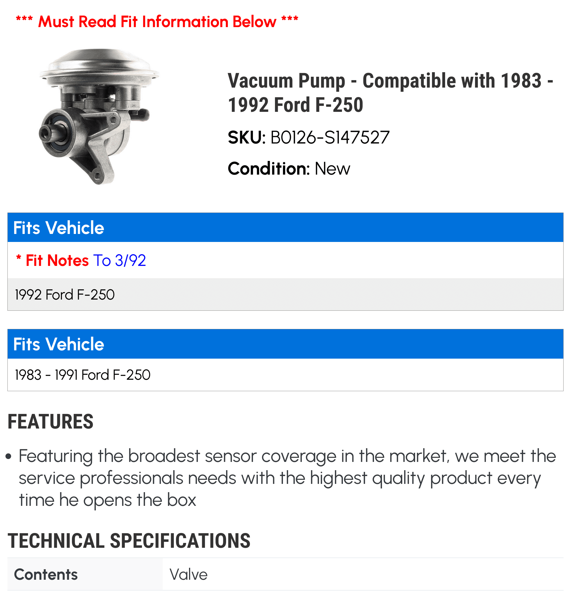 Vacuum Pump - Compatible with 1983 - 1992 Ford F-250 1984 1985 1986 1987 1988 1989 1990 1991