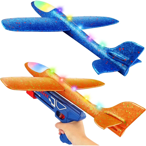 Large Airplane Toys with Launcher,2 Flight Modes LED Light Foam Glider Planes,for Kids Xmas Birthday Gifts for 4 5 6 7 8 9 10 Year Old Boys Girls (2 Pack)