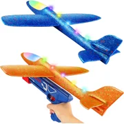 Large Airplane Toys with Launcher, 2 Flight Modes LED Light Foam Glider Planes, for Kids Xmas Birthday Gifts for 4 5 6 7 8 9 10 Year Old Boys Girls (2 Pack)