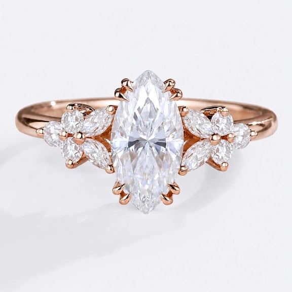 vylahjewellery Vintage Marquise Moissanite Floral Engagement Ring in Rose Gold Vermeil, Leaf Cluster Wedding Ring, Engagement Promise Anniversary Ring