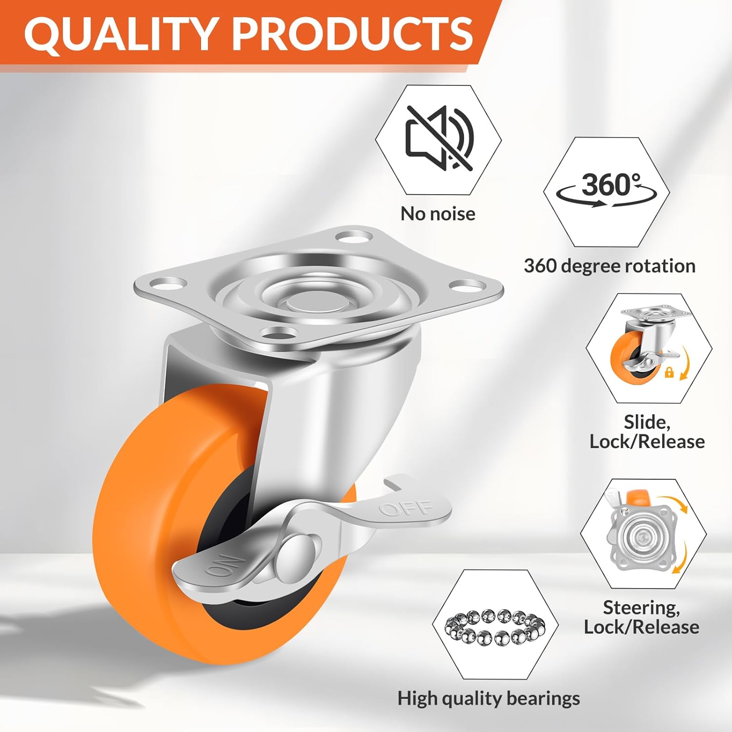 2 Inch Caster Wheels, Casters Set of 8,Heavy Duty Caster with Brake,Top Plate Swivel Wheels Industrial Castors Polyurethane Wheel, Locking Castor for Furniture Carts and Workbench