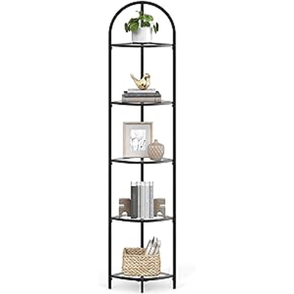 SONGMICS Home 5-Tier Corner Shelf Stand - Tempered Glass, Corner Bookshelf, Bathroom Organizer & Plant Stand, Classic Black