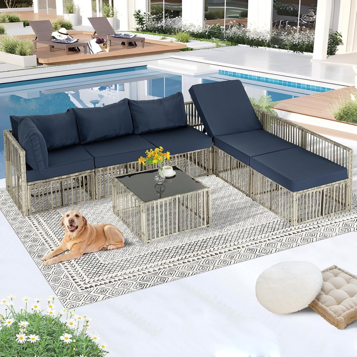 Ainfox 7 Pieces Outdoor Wicker Patio Furniture Set, Adjustable Backrest Sectional Conversation Couch with Thick Cushions & Coffee Table for Garden Porch Poolside, Gray/Blue