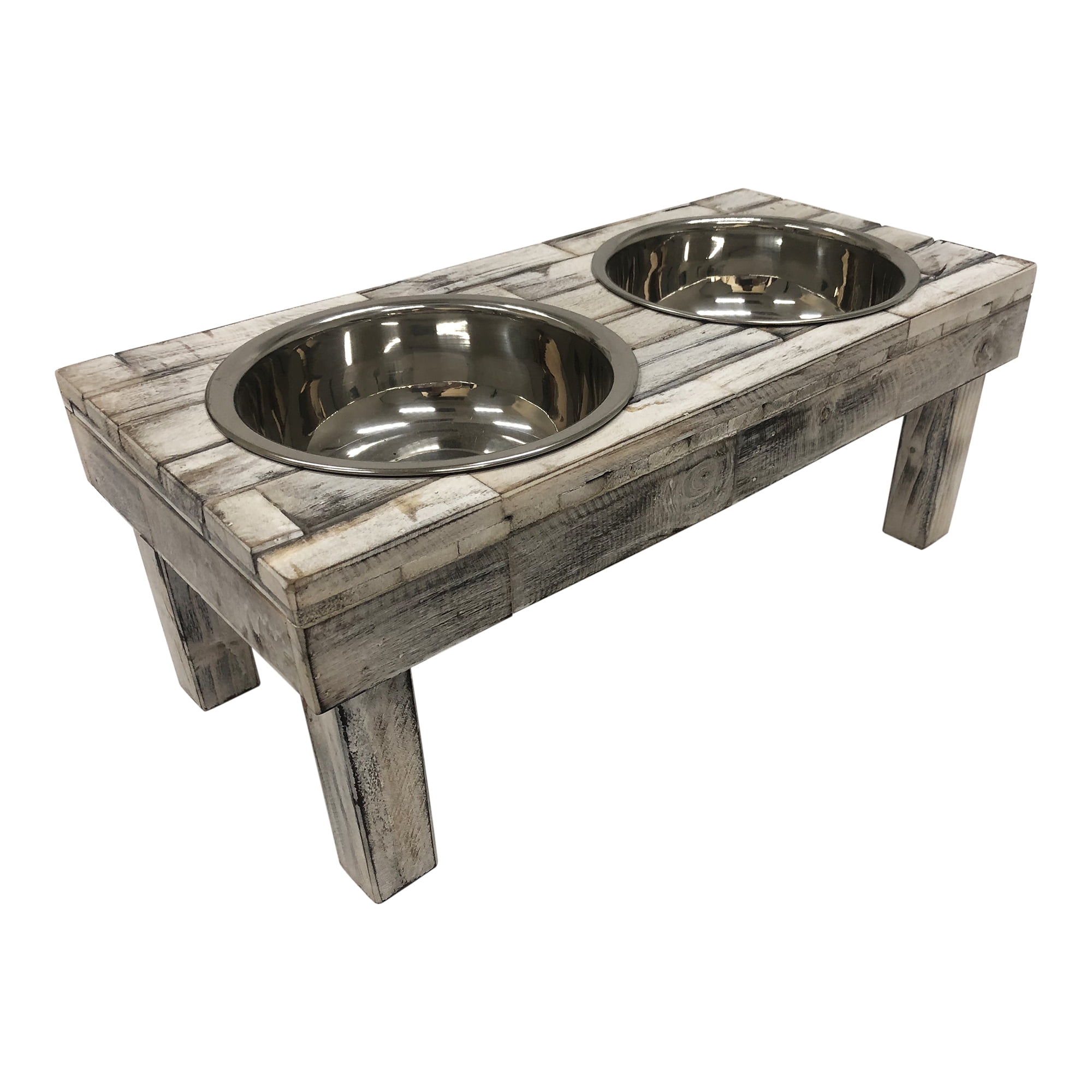 Huntley Pet Berjen Table Elevated Double Bowl Pet Feeder, White Wash (Small)