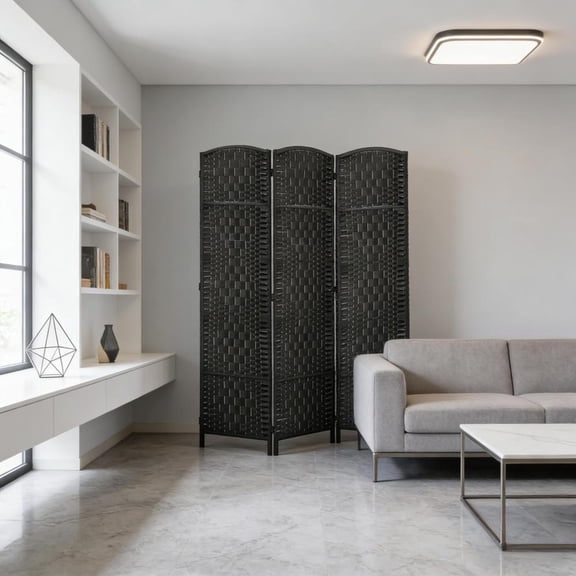 3‑Panel Folding Room Divider 70.90 H Inch, Coffee Paper‑Rope Woven Screen, 360‑Degree Hinge Arched‑Top Freestanding Privacy Partition
