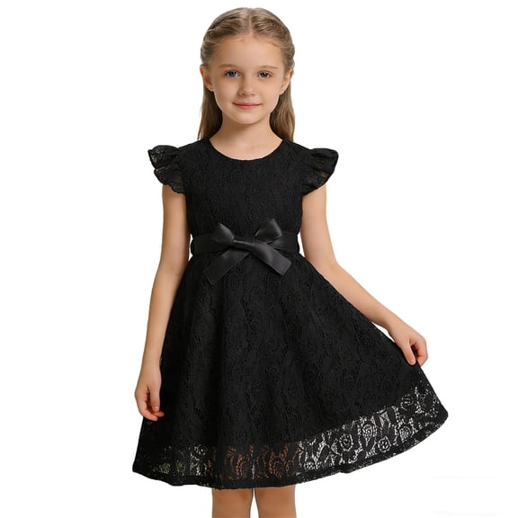RMGVDSD Flower Girl Dresses Elegant Girls Dress Lace Fly Sleeve Round Neck Casual Dress Birthday Party Dresses Fashion Summer Sundress With Belt 9-10 Years