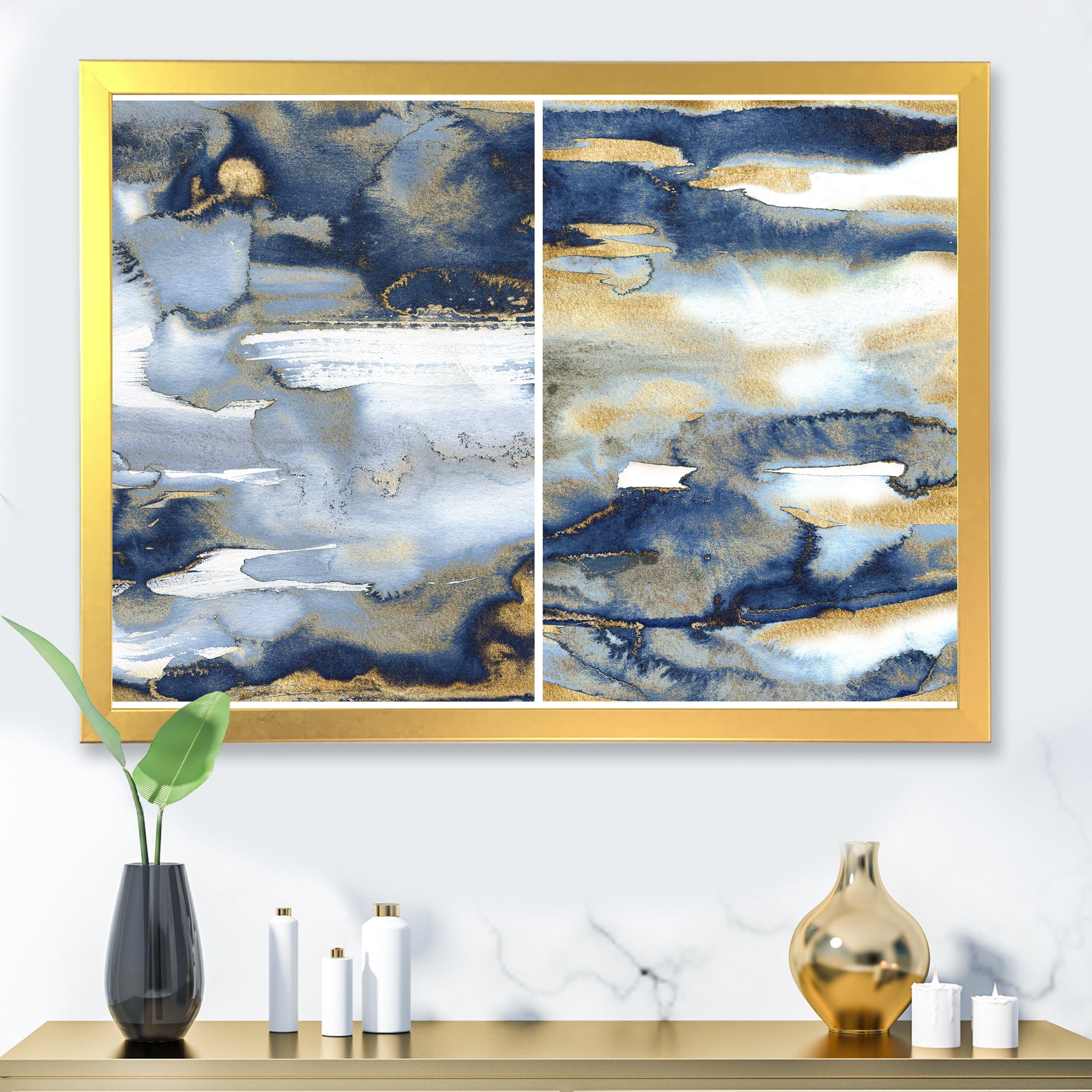 Designart 'Gold and Dark Blue Abstract II' Modern Framed Art Print