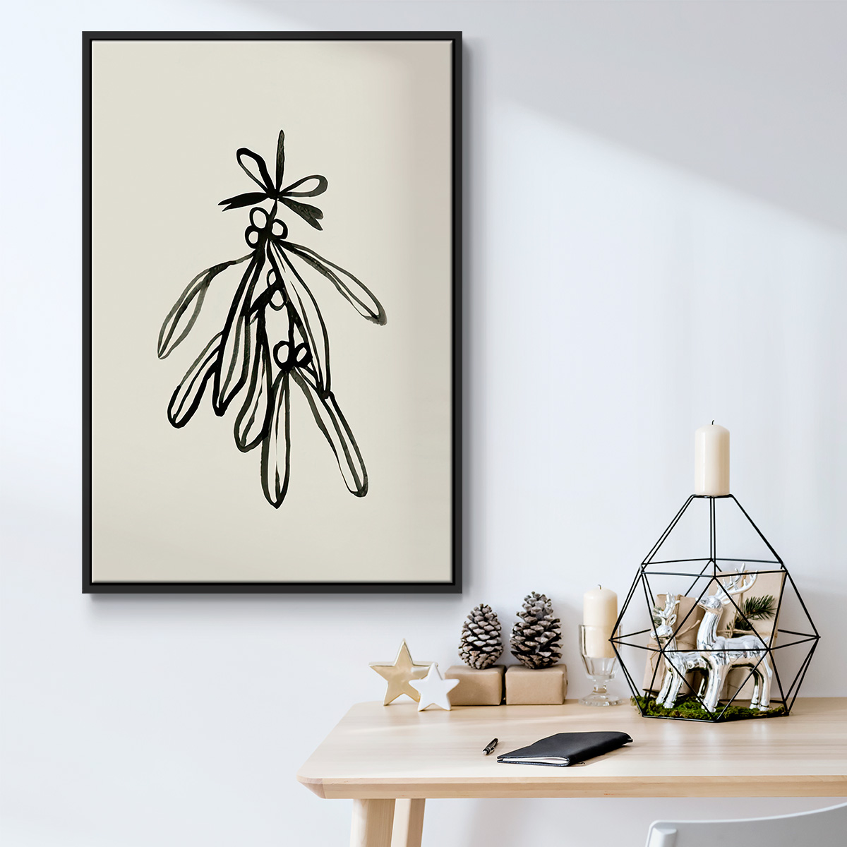 Mistletoe Sketch with Bows II - Framed Gallery Wrapped Holiday Canvas - 17 x 25 - Black Frame