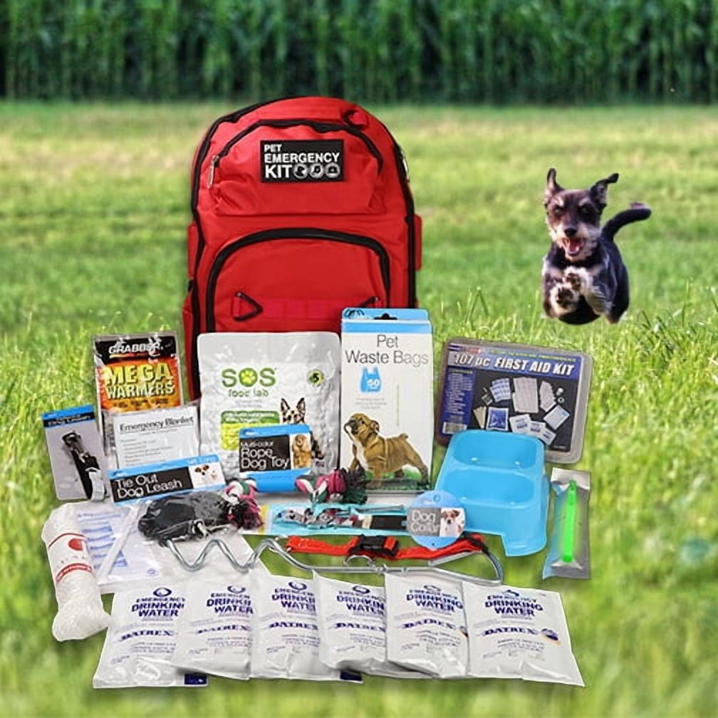 Deluxe Dog Survival Kit - 72 Hour Pet Emergency Go Bag with Food, Water, First Aid, Reflective Leash, Collar, Blanket, Toy, Waste Bags and Portable Backpack for Disaster Preparedness