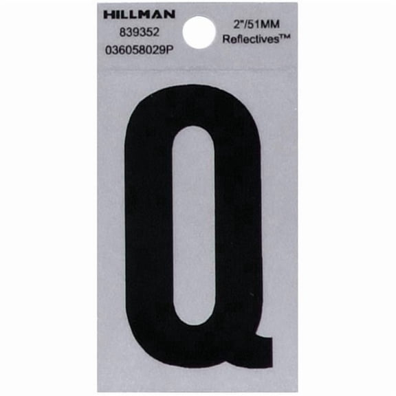 Hillman Group 839352 2 in. Black & Silver Reflective Mylar Square Cut Self Adhesive Letter - Q - 6 Piece