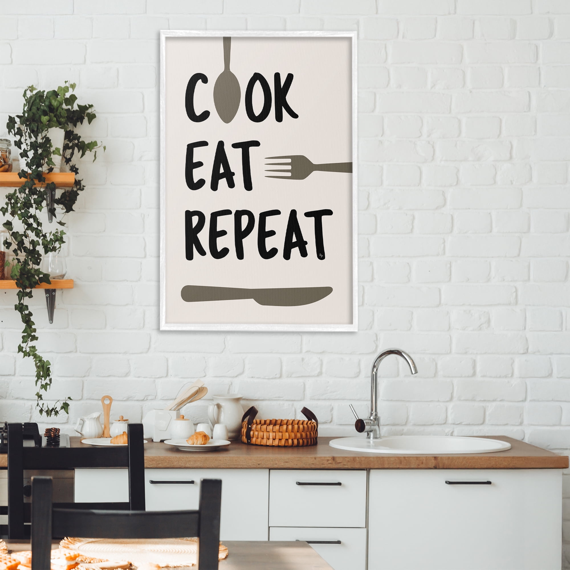 Stupell Industries Cook Eat Repeat with Utensils White Framed Giclee Art, design by Martina Pavlova
