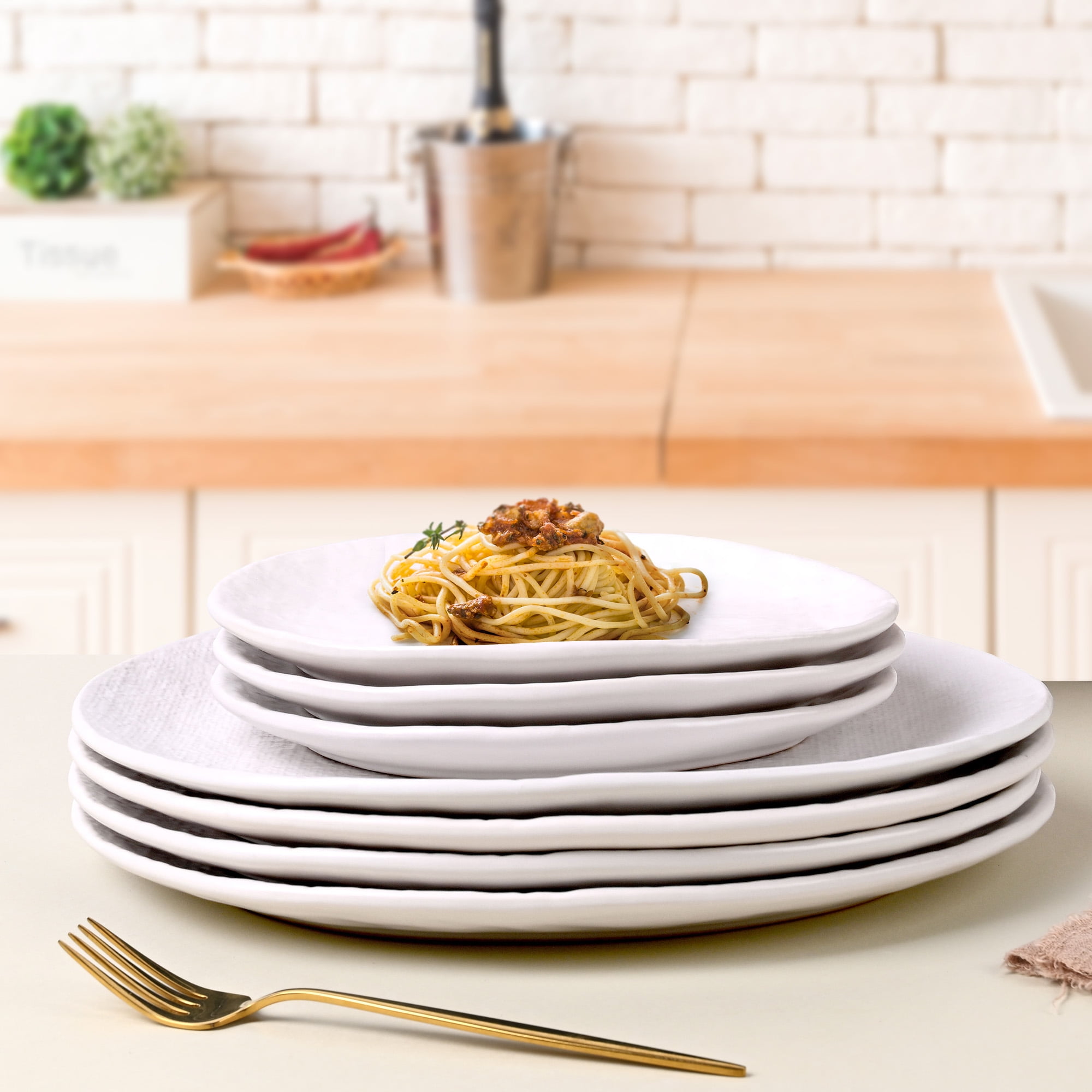 Linen Artisan Dinner Plate Set, 4 Pieces Dinnerware Dishes Set, Porcelain Salad Plates, Irregular 11 Inches Ceramic Plates Suitable for Steak, Pasta, Pizza, Home, Party, White, Large