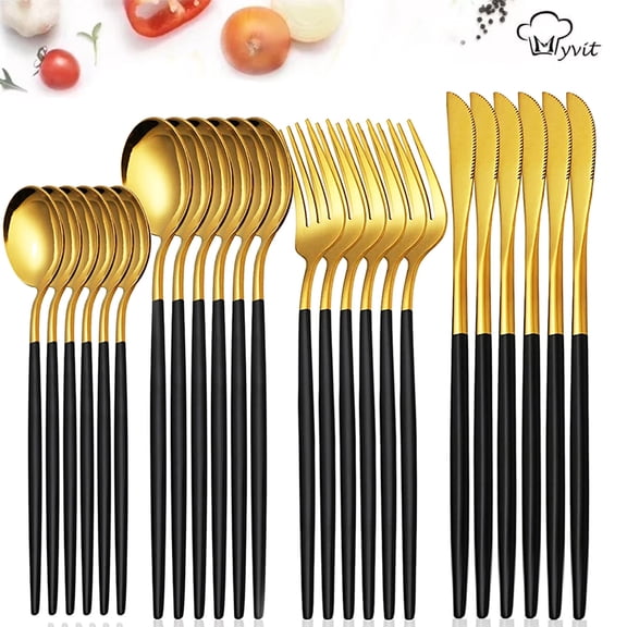 MYVIT Black Gold Silverware Set 24 Piece Forks and Spoons Dinner Knives Flatware Set Mirror Polished Gold Utensils Cutlery Set Service for 6,Dishwasher Safe Gold Kitchen Accessories